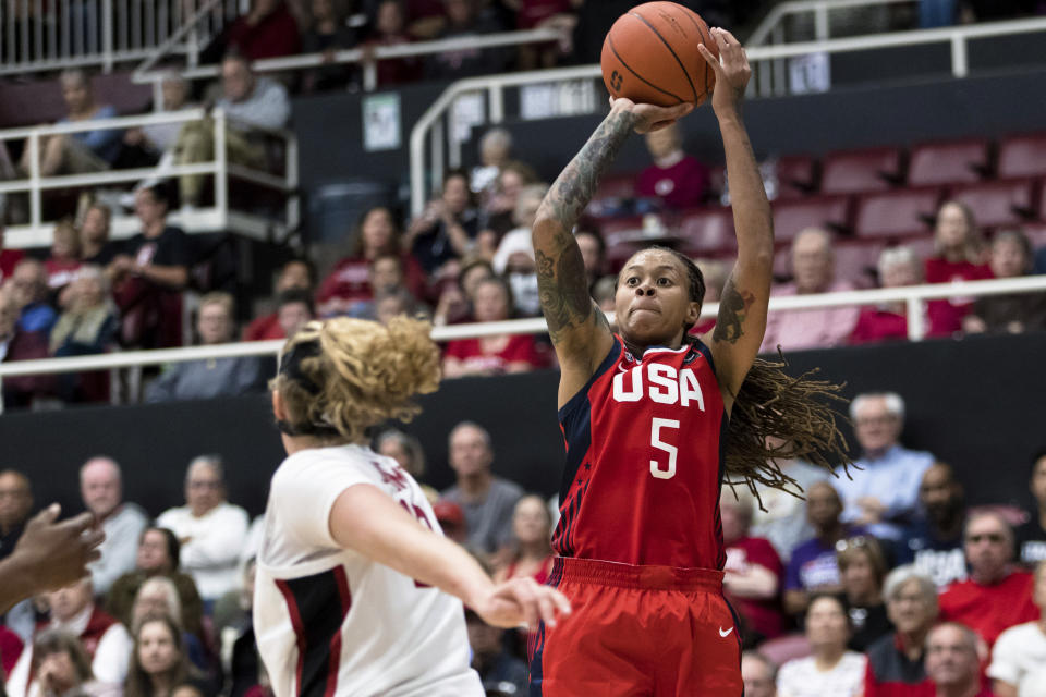 U.S. forward Seimone Augustus (5) takes a 3-point shot against Stanford in the first quarter of an exhibition women's basketball game Saturday, Nov. 2, 2019, in Stanford, Calif. (AP Photo/John Hefti)