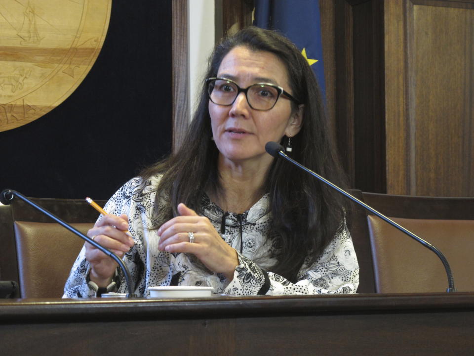 FILE - Alaska U.S. Rep. Mary Peltola, a Democrat, speaks to reporters after giving an address to state lawmakers, Feb. 17, 2023, in Juneau, Alaska. As candidates for the U.S. House vie for election in the few dozen districts that are likely to determine political control of the chamber, they are leaning into local issues. Yet they are also wrestling with how to talk about the two men at the top of the ballot this year, President Joe Biden and Donald Trump. (AP Photo/Becky Bohrerm File)