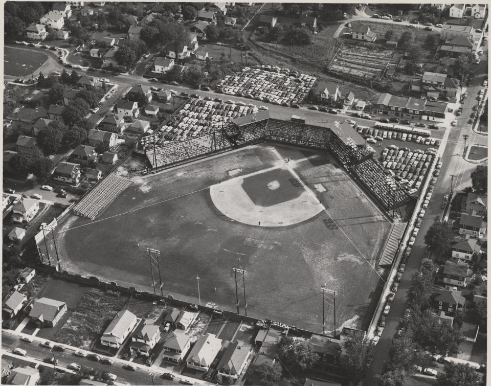 An aerial shot of Johnson Filed in Johnson City, about 1950.