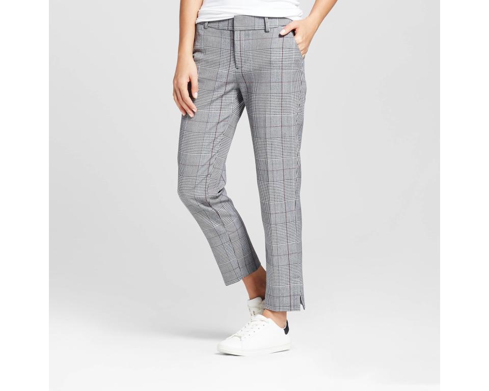 Get the <a href="https://www.target.com/p/women-s-straight-leg-plaid-slim-fit-pants-a-new-day-153-gray-14/-/A-52438258?ref=tgt_adv_XS000000&amp;AFID=google_pla_df&amp;fndsrc=tgtao&amp;CPNG=PLA_Women%2BShopping_Priority%2BBrands&amp;adgroup=A+New+Day&amp;LID=700000001170770pgs&amp;network=g&amp;device=c&amp;location=9004341&amp;gclid=EAIaIQobChMI76ibwbSO1gIVGp7ACh2RtANAEAQYBSABEgIQ8PD_BwE&amp;gclsrc=aw.ds" target="_blank">Target women's straight leg plaid slim fit pants</a>, $27.99.
