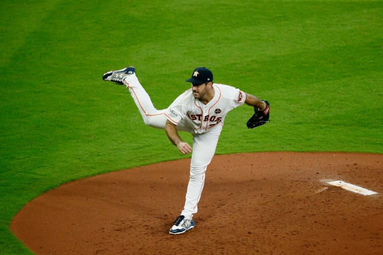 Justin Verlander of the Houston Astros pitches against the New York Yankees during game two of the American League Championship Series, at Minute Maid Park in Houston, Texas, on October 14, 2017