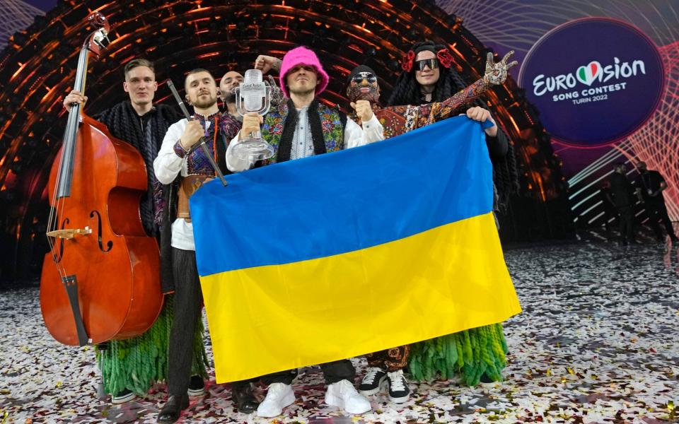 Kalush Orchestra from Ukraine celebrate after winning the Grand Final of the Eurovision Song Contest at Palaolimpico arena - Luca Bruno/AP/AP