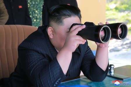 North Korea's leader Kim Jong Un supervises a military drill in North Korea, in this May 10, 2019 photo supplied by the Korean Central News Agency (KCNA). KCNA via REUTERS