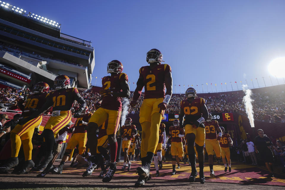 Southern California takes the field for an NCAA college football game against San Jose State, Saturday, Aug. 26, 2023, in Los Angeles. (AP Photo/Ryan Sun)