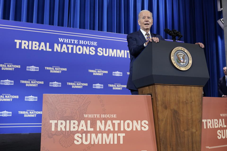 President Joe Biden speaks at the White House Tribal Nations Summit at the Department of the Interior in Washington, Wednesday, Nov. 30, 2022. (AP Photo/Patrick Semansky)