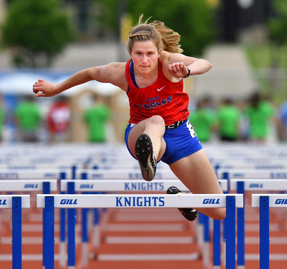 Noelle Hackenmueller competes in the hurdles during Minnesota State Track and Field Class 2A competition Friday, June 10, 2022, at St. Michael-Albertville High School. 