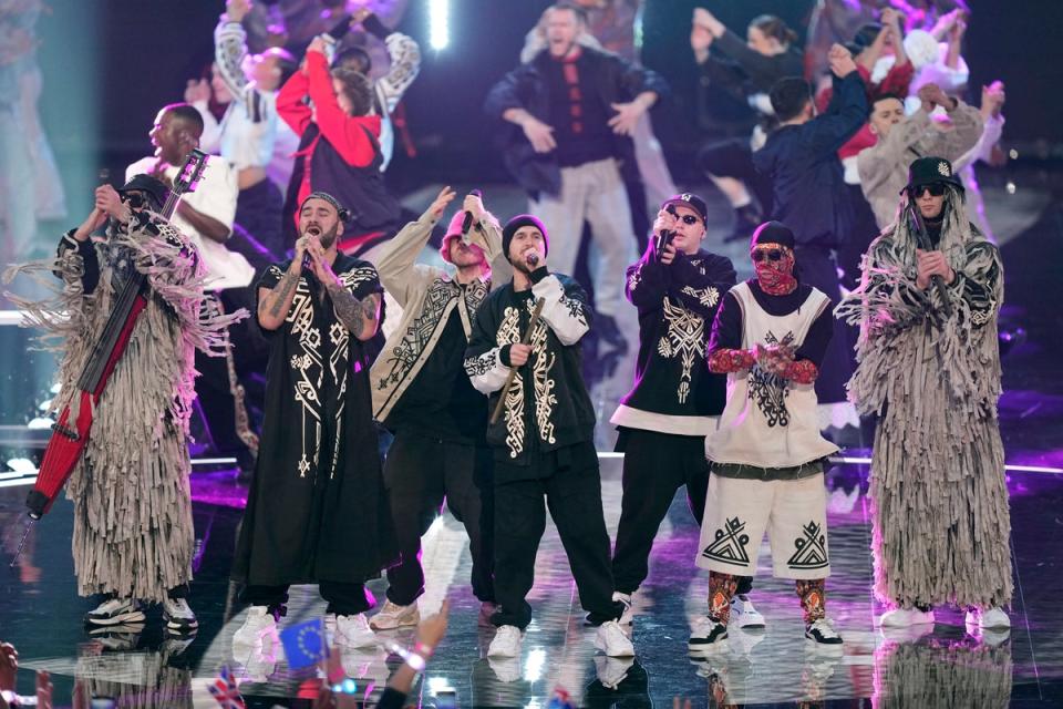 Kalush Orchestra of Ukraine, last year’s winners, perform during the Grand Final of Eurovision (AP)