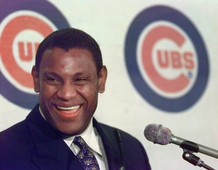 Cubs outfielder Sammy Sosa at his NL MVP press conference in 1998. (AP Photo)