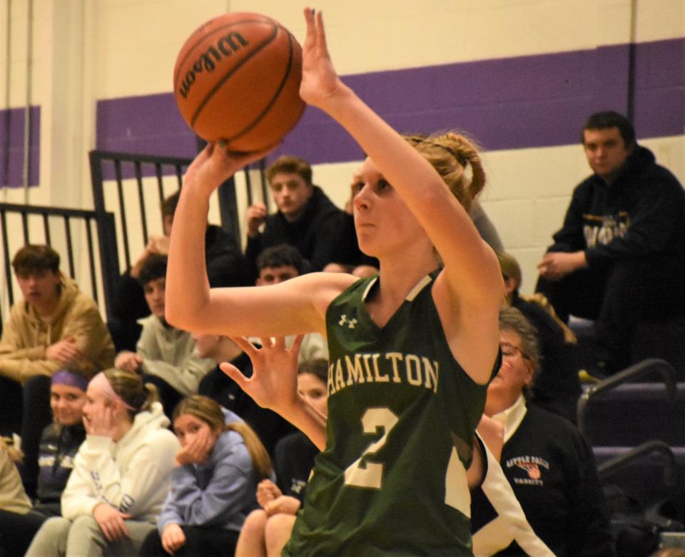 Hamilton Emerald Knight Chloe LaFrance puts up a three-point shot against Little Falls during the first half of Wednesday's game.