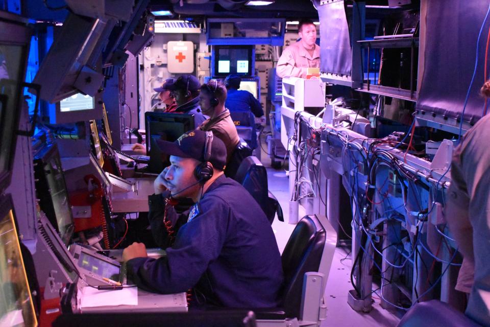 The combat-information center, where missiles are launched from, aboard the USS Gravely.
