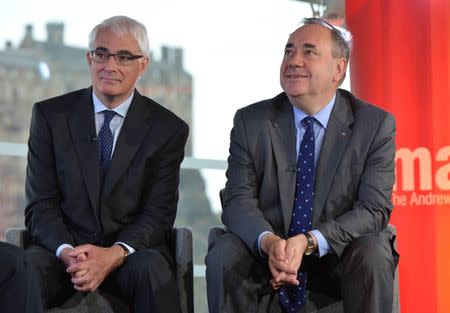 Alistair Darling (L), the leader of the campaign to keep Scotland part of the United Kingdom, appears with Scotland's First Minister Alex Salmond on the BBC's Andrew Marr Show in Edinburgh, this photograph received via the BBC in London September 14, 2014. REUTERS/Jeff Overs/BBC/Handout via Reuters