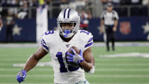 Dallas Cowboys wide receiver Amari Cooper (19) gains yardage after catching a pass during an NFL football game against the Philadelphia Eagles in Arlington, Texas, Sunday, Oct. 20, 2019. (AP Photo/Roger Steinman)