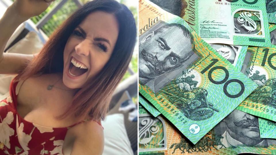 Compilation image of Nicole and pile of $100 notes to represent insurance