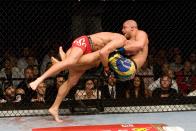 LAS VEGAS - JULY 11: Georges St-Pierre (red tight shorts) def. Thiago Alves (black Brazil flag shorts) - Unanimous Decision during UFC 100 at Mandalay Bay Events Center on July 11, 2009 in Las Vegas, Nevada. (Photo by Josh Hedges/Zuffa LLC via Getty Images)