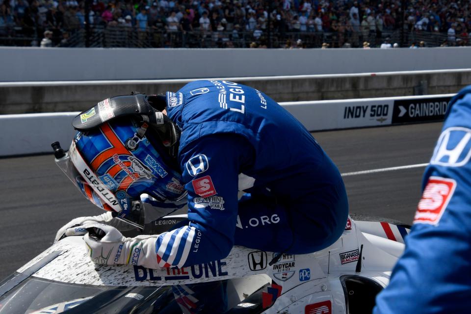 Chip Ganassi Racing driver Tony Kanaan (1) reacts after finishing third Sunday, May 29, 2022, during the 106th running of the Indianapolis 500 at Indianapolis Motor Speedway