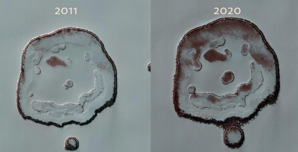 The smiley face crater on Mars photographed nine years apart shows changes in colour due to bright frost over darker red ground (Nasa / University of Arizona)