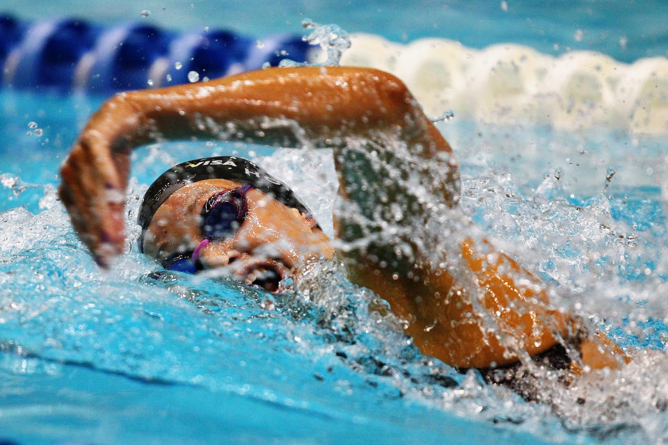 INDIANAPOLIS, IN - MARCH 29: Kathryn Hoff swims the in women's 400 meter freestyle finals during day one of the 2012 Indianapolis Grand Prix at the Indiana University Natatorium on March 29, 2012 in Indianapolis, Indiana. (Photo by Dilip Vishwanat/Getty Images)