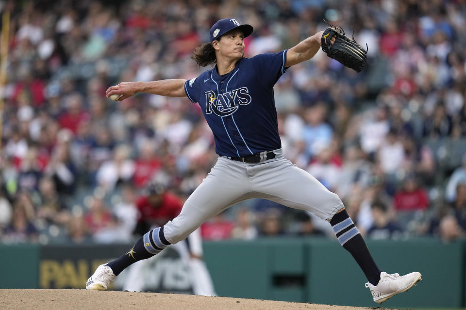Tampa Bay Rays' Tyler Glasnow pitches to a Cleveland Guardians batter during the first inning of a baseball game Friday, Sept. 1, 2023, in Cleveland. (AP Photo/Sue Ogrocki)
