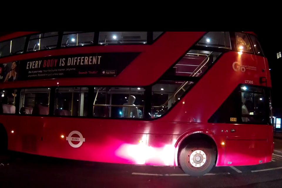 Bus: The driver is then seen leaping to the controls to halt the vehicle