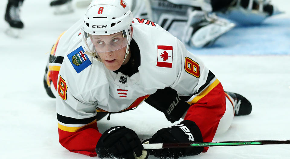 Juuso Valimaki of the Calgary Flames tore his ACL during off-season training. (Photo by Yong Teck Lim/Getty Images)