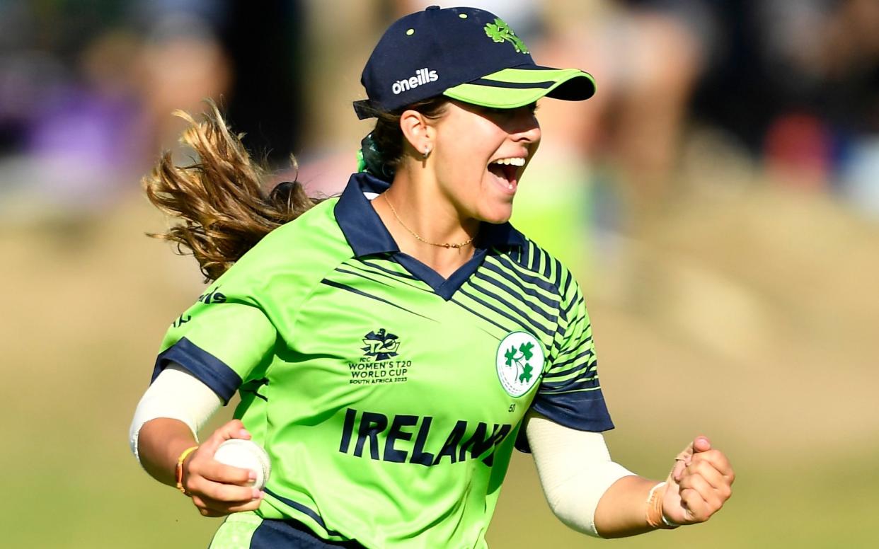 Amy Hunter of Ireland celebrates taking a catch to dismiss England's Nat Sciver-Brunt inthe Women's T20 World Cup match  at Boland Park in South Africa on February 13, 2023