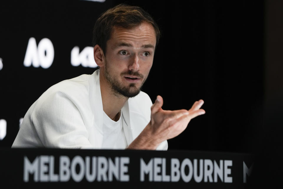 Daniil Medvedev gestures during a press conference ahead of the Australian Open tennis championships at Melbourne Park, Melbourne, Australia, Friday, Jan. 12, 2024. (AP Photo/Andy Wong)