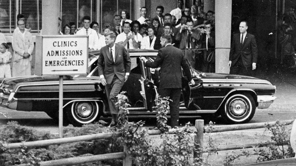 President John F. Kennedy arrives at Children's Hospital in Boston on August 8, 1963. - Dan Sheehan/The Boston Globe/Getty Images