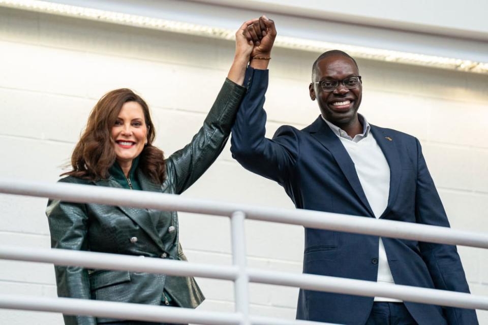 <div class="inline-image__caption"><p>Governor Gretchen Whitmer (L) and Lieutenant Governor Garlin Gilchrist II (R) during a campaign rally.</p></div> <div class="inline-image__credit">Photo by Dominick Sokotoff/SOPA Images/LightRocket via Getty Images</div>