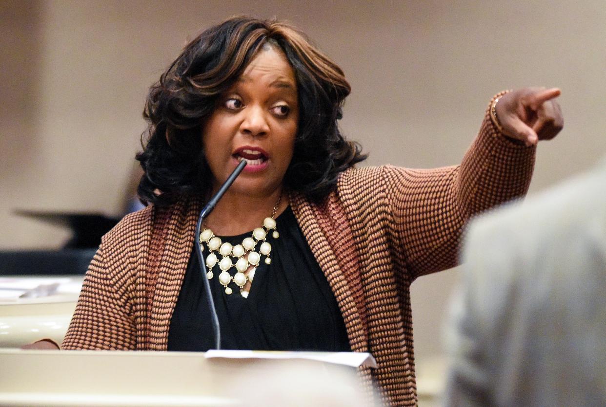 Rep. Merika Coleman speaks during the special session on redistricting at the Alabama Statehouse in Montgomery, Ala., on Monday November 1, 2021. 