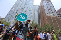 Supporters of the opposition National Super Alliance (NASA) coalition participate in a demonstration calling for the removal of Independent Electoral and Boundaries Commission (IEBC) officials in Nairobi, Kenya September 26, 2017. REUTERS/Thomas Mukoya