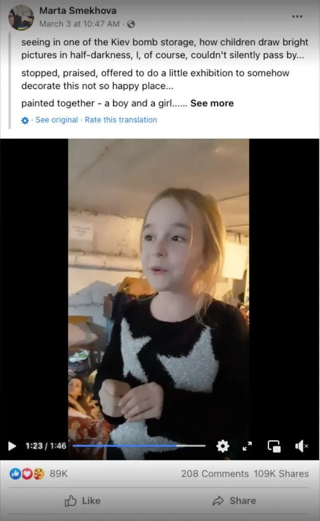 Captura del post de Marta Smekhova, quien compartió el video de Amelia cantanto 'Let it Go' que conmueve al mundo/Tomado de Facebook.