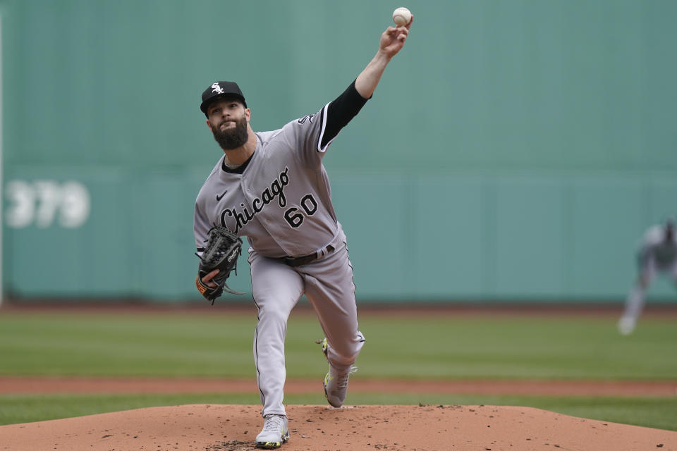 Chicago White Sox's Dallas Keuchel delivers a pitch against the Boston Red Sox in the first inning of a baseball game, Sunday, April 18, 2021, in Boston. (AP Photo/Steven Senne)