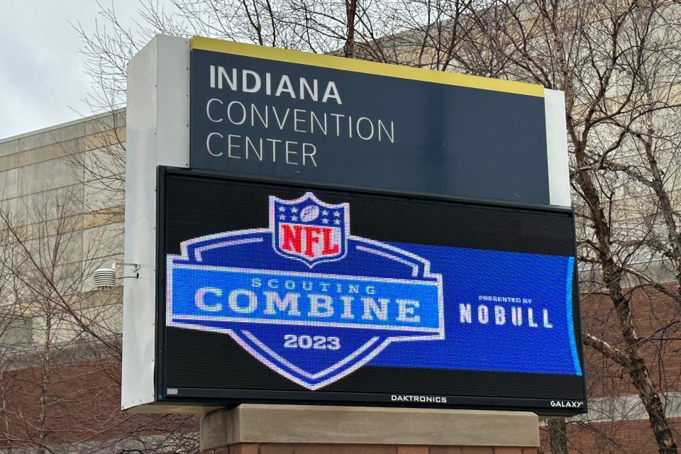 The 2023 NFL scouting combine logo on the Indiana Convention Center marquee sign.