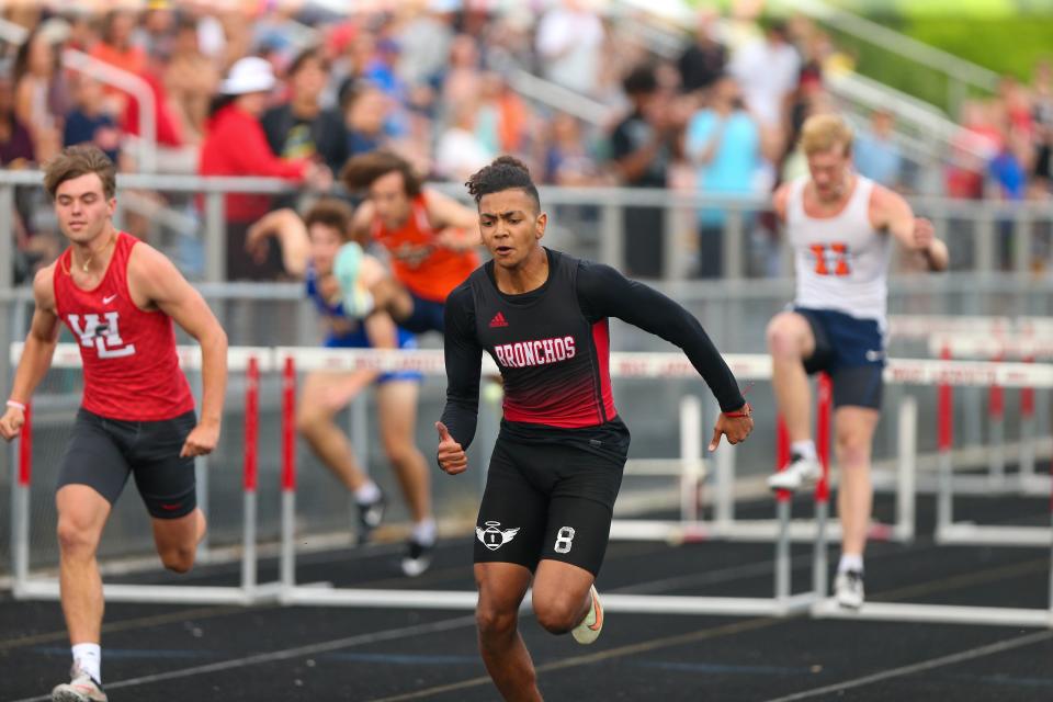 Micah Lillard (10), Lafayette Jefferson High School, leads the 110 Meter Hurdles finals at the 2022 IHSAA Boys Track and Field Sectional at West Lafayette Athletic Complex, on May 19, 2022, in West Lafayette.