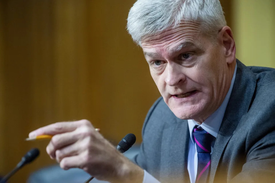 Sen. Bill Cassidy, R-La., speaks during a Senate Finance Committee hearing on the nomination of Chris Magnus to be the next U.S. Customs and Border Protection commissioner, Tuesday, Oct. 19, 2021 on Capitol Hill in Washington. (Rod Lamkey/Pool via AP)