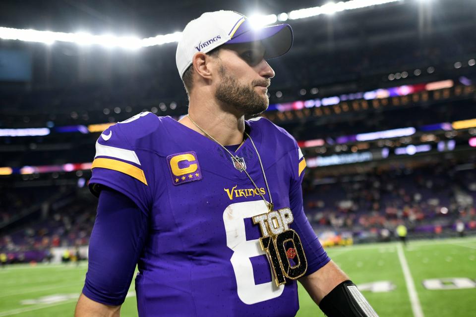 MINNEAPOLIS, MINNESOTA - OCTOBER 23: Kirk Cousins #8 of the Minnesota Vikings celebrates a 22-17 win over the San Francisco 49ers at U.S. Bank Stadium on October 23, 2023 in Minneapolis, Minnesota. (Photo by Stephen Maturen/Getty Images)