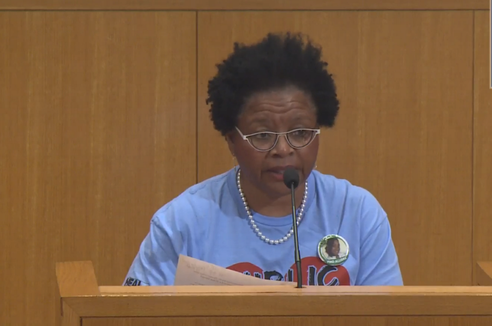 Janice Robinson, of Mecklenburg County’s Public School Strong, speaks during a public hearing at a CMS board meeting on Aug. 22, 2023.