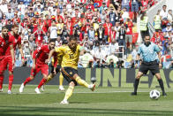 <p>Belgium’s Eden Hazard shoots a penalty kick to score the opening goal. </p>