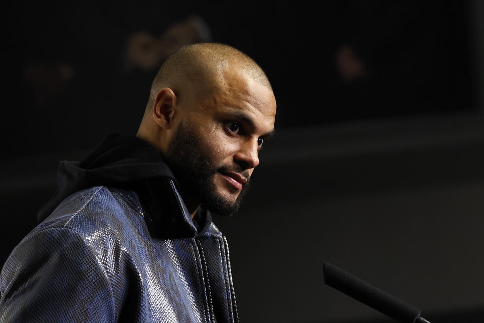 Dallas Cowboys quarterback Dak Prescott responds to questions during news conference after the team's NFL football game against the Seattle Seahawks in Arlington, Texas, Thursday, Nov. 30, 2023. (AP Photo/Roger Steinman)