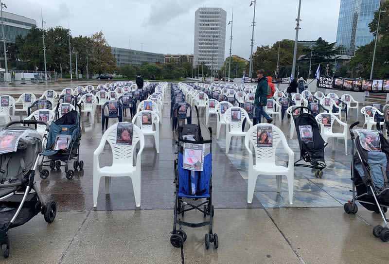 Empty chairs symbolise Hamas' Israeli hostages outside UN in Geneva