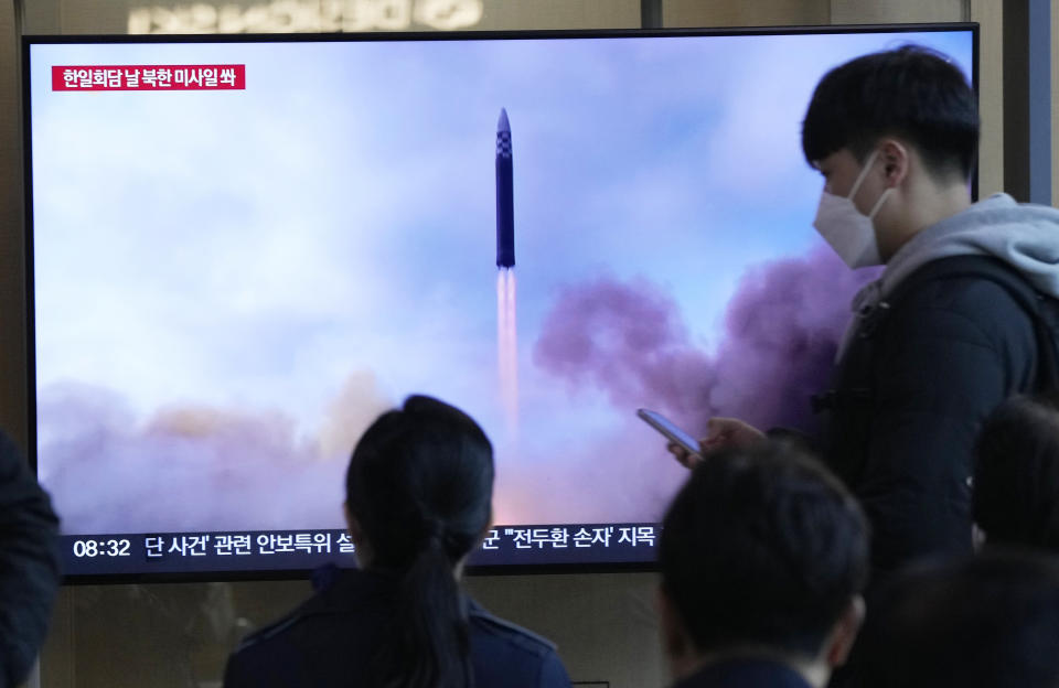 A TV screen shows a file image of North Korea's missile launch during a news program at the Seoul Railway Station in Seoul, South Korea, Thursday, March 16, 2023. North Korea test-launched an intercontinental ballistic missile in a display of military might Thursday just hours before the leaders of South Korea and Japan were to meet at a Tokyo summit expected to be overshadowed by North Korean nuclear threats. (AP Photo/Ahn Young-joon)