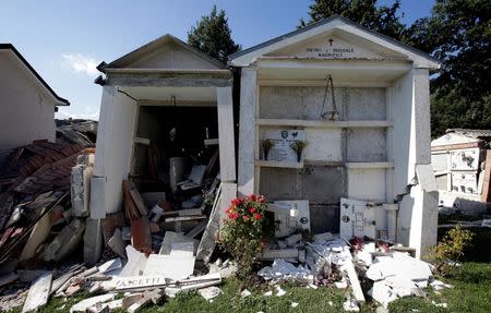 Damaged family chapels are seen in a cemetery following an earthquake at Sant' Angelo near Amatrice, central Italy, August 26, 2016. REUTERS/Max Rossi