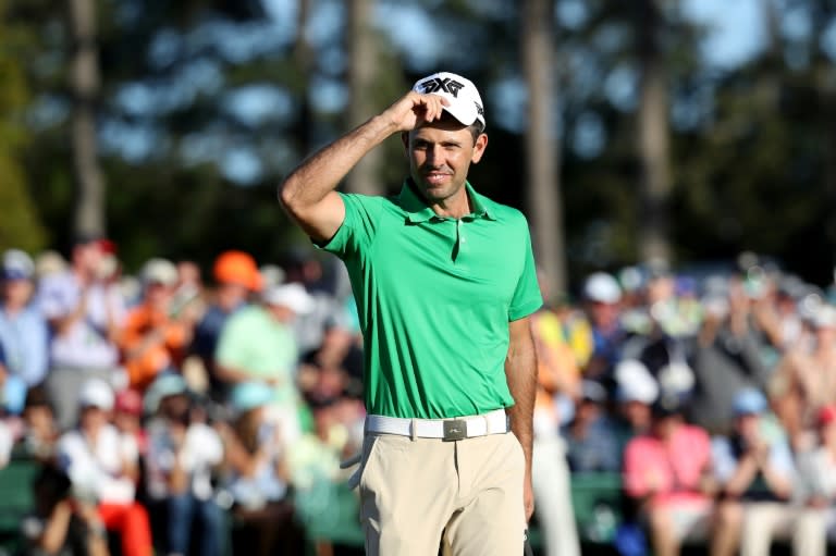 Charl Schwartzel of South Africa reacts to a putt for birdie on the 18th hole during the final round of the 2017 Masters tournament, at Augusta National Golf Club in Georgia, on April 9