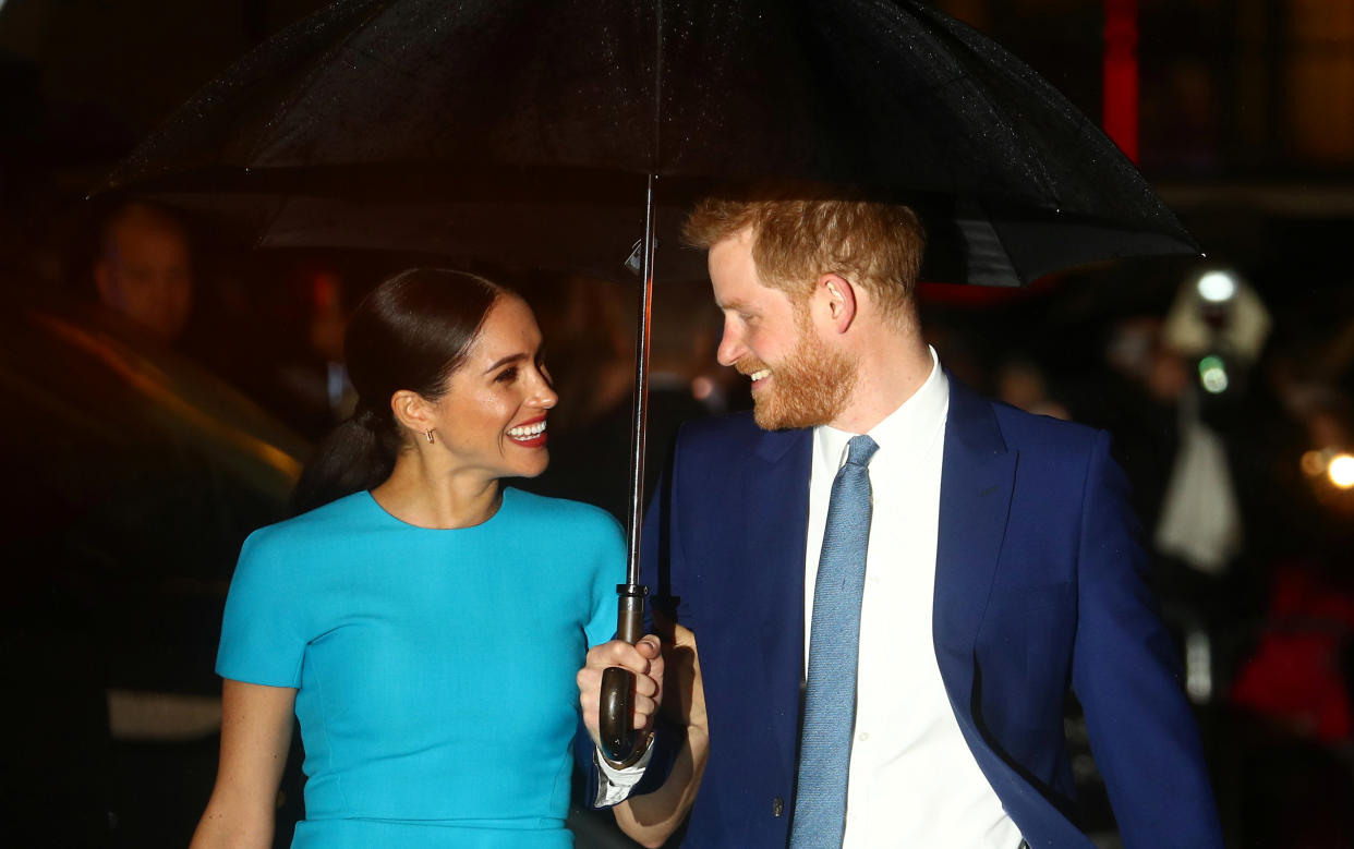 Britain's Prince Harry and his wife Meghan, Duchess of Sussex, arrive at the Endeavour Fund Awards in London, Britain March 5, 2020. REUTERS/Hannah McKay