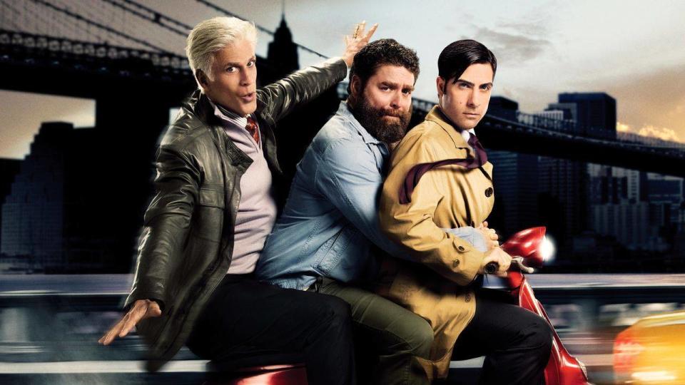 (L to R) Ted Danson, Zach Galifianakis and Jason Schwartzman ride a moped in Bored To Death