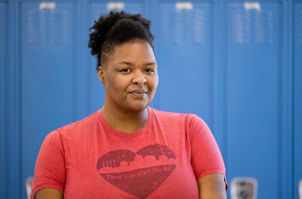 Micah Rose Emerson, an English teacher at KIPP Legacy High School and Sumner Academy alumna, poses for a portrait on Monday, Feb. 26, 2024, in Kansas City.