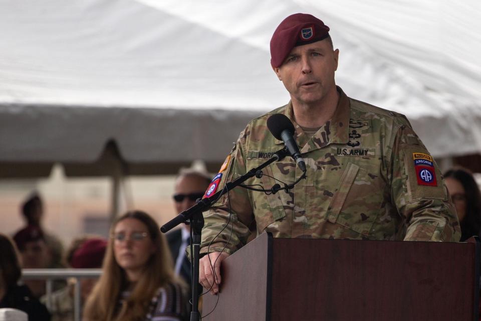 Brig. Gen. Patrick Work, the incoming commander for the 82nd Airborne Division, makes remarks during command change ceremony Friday, Nov. 17, 2023, on Pike Field at Fort Liberty.