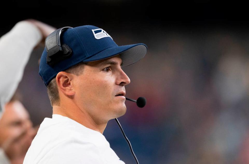 Seattle Seahawks head coach Mike Macdonald looks on during the first quarter of the preseason game against the Cleveland Browns at Lumen Field, on Saturday, Aug. 24, 2024 in Seattle, Wash.