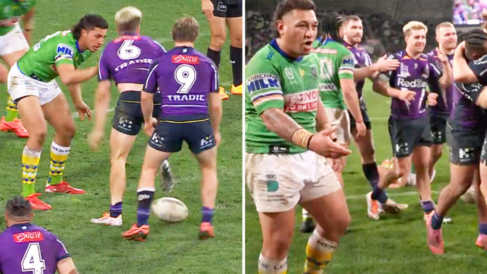 Raiders players, pictured here appearing to be tricked by a Melbourne Storm fan blowing a whistle. 