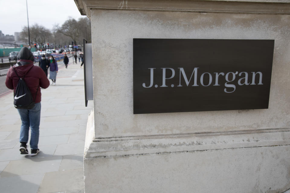 Sign for J.P. Morgan on 7th March 2020 in London, United Kingdom. JPMorgan Chase & Co. is an American multinational investment bank and financial services holding company headquartered in New York. JPMorgan Chase is ranked by S&P Global as the largest bank in the United States and the sixth largest bank in the world by total assets. (photo by Mike Kemp/In PIctures via Getty Images)